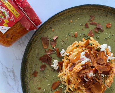 Vegan Red Pesto Pasta with Plant-based Bacon and Mozzarella